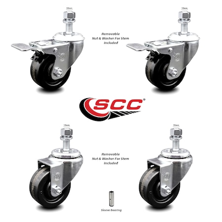 Service Caster 3 Inch Phenolic Swivel 12mm Threaded Stem Caster Total Lock Brake SCC, 2PK SCC-TSTTL20S314-PHS-M1215-2-S-2